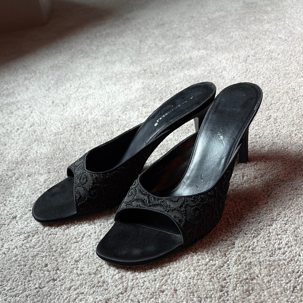 A. Marinelli Black Heeled Mules with Ruched Detail